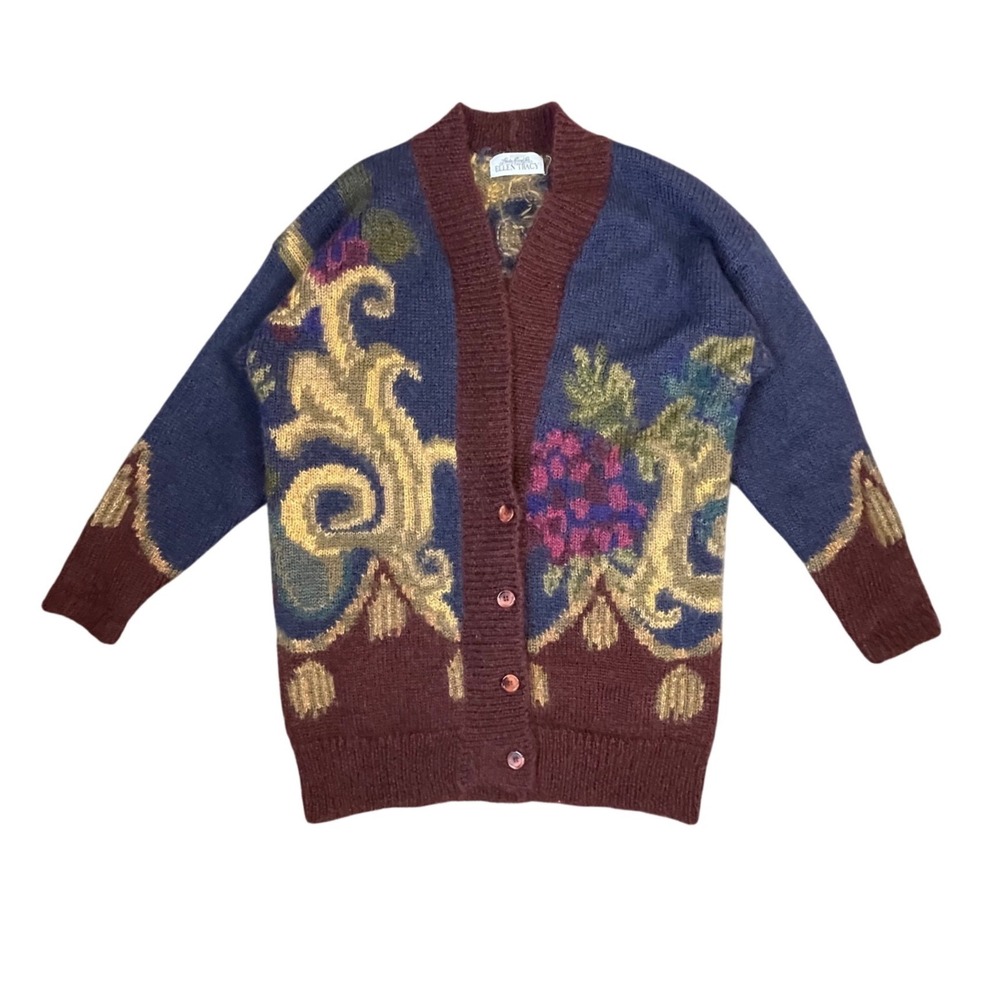Linda Allard Ellen Tracy Mohair Wool Blend Floral Cardigan Sweater Vintage Small